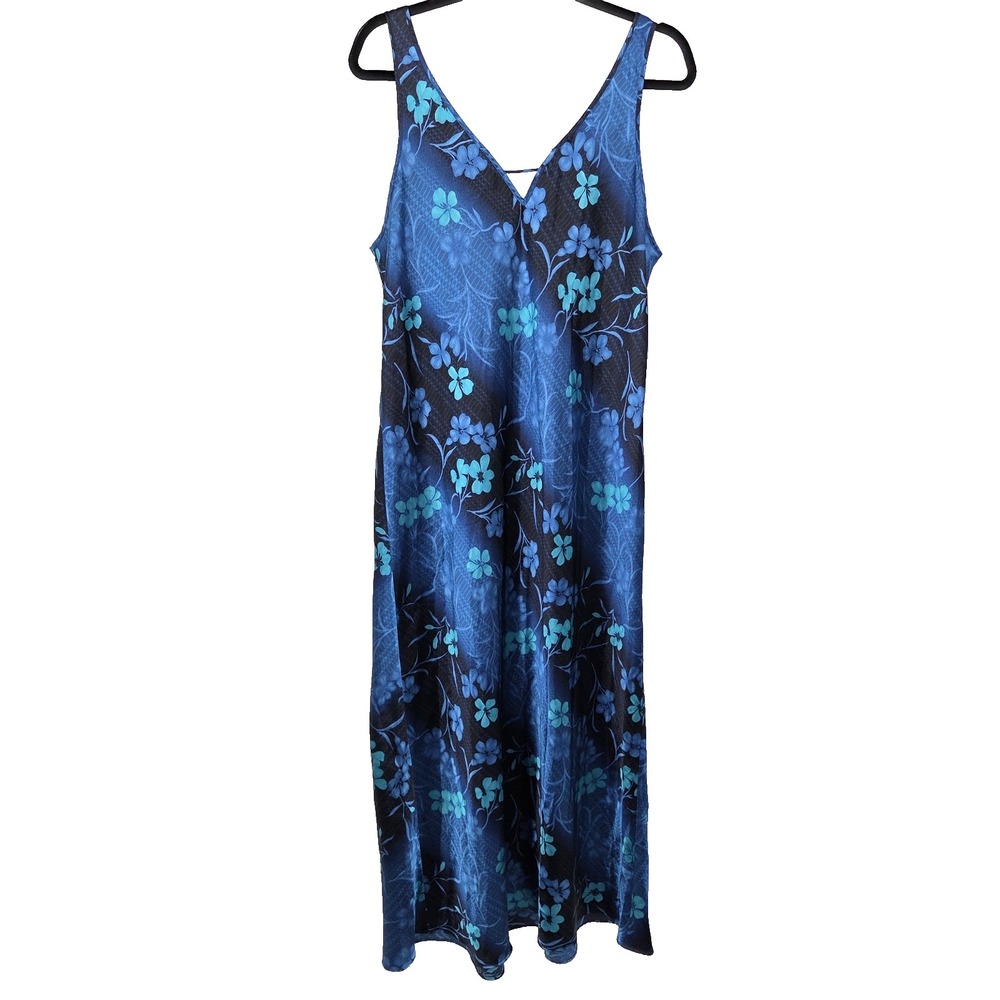 Warner's VTG Blue Multi Satin Tropical Floral Nightgown Maxi Dress Fairy Whimsy